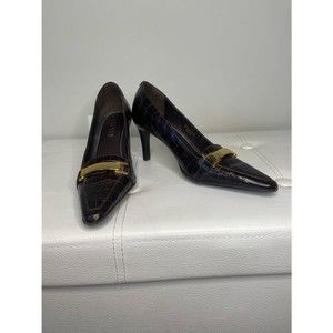 Lauren Ralph Paulette Alligator Croc Safari Brown Heels Sz 6 B Gold Buckle Logo